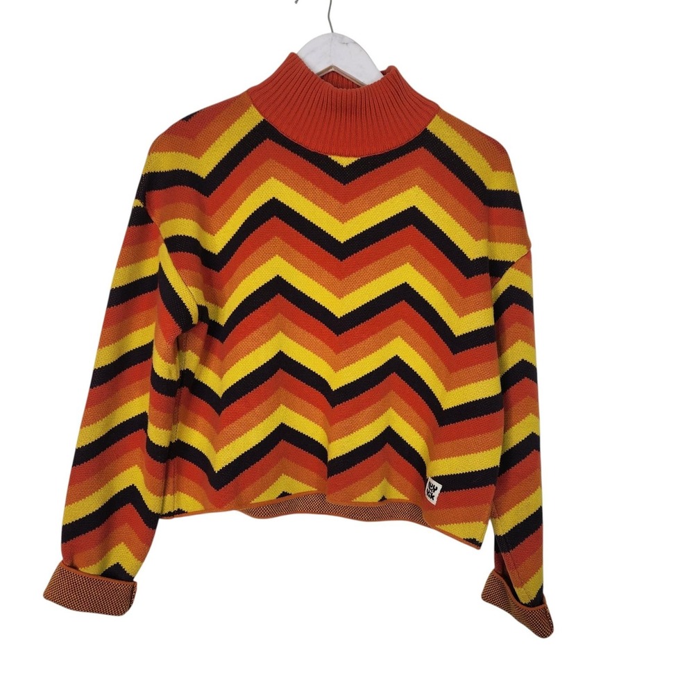 LUCY & YAK Toni Sweater Womens Small Orange Chevron Stripe Mock Neck Knit
